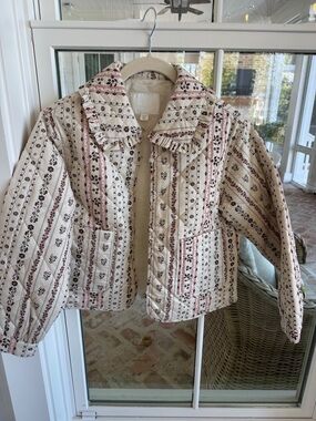 Zara Girls Quilted Stripe Jacket with Ruffle Collar - Cream & Pink